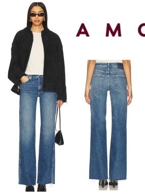 AMO Blue Mid-Rise Wide-Leg Jeans with Raw Hem